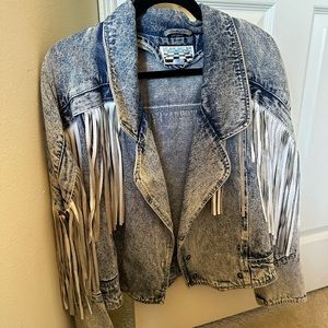 Vintage Denim Jacket with White Leather Fringe